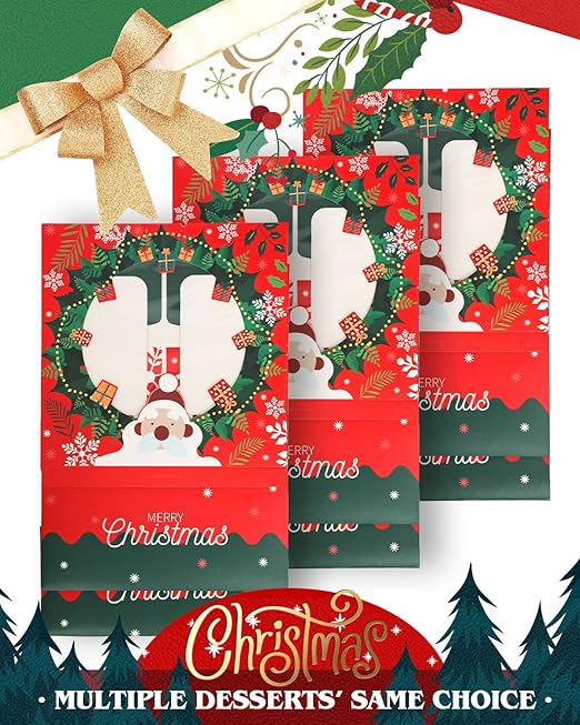 qiqee Christmas 10x10x5 Cake Box, 4 Sets Christmas Cake Box with Window ＆ 4 Sets 10 Inch Santa Cake Round Boards, 10 Inch Cake Containers