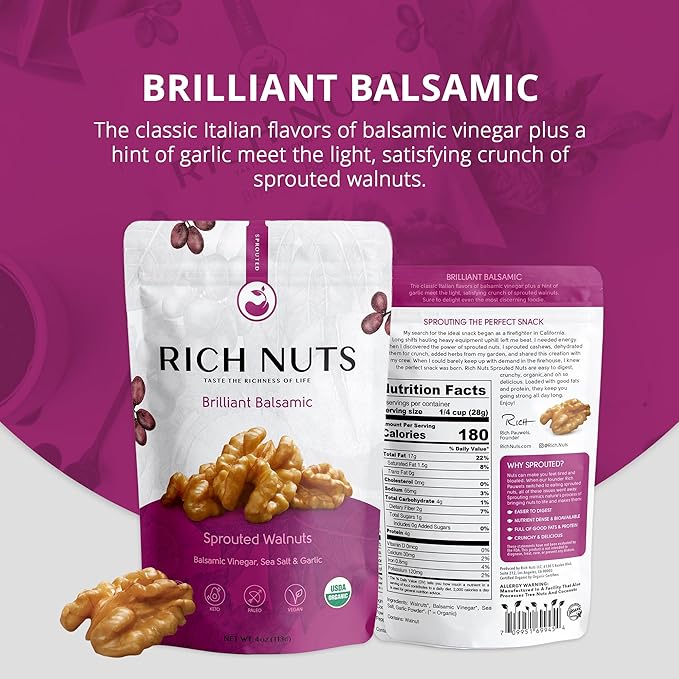 Rich Nuts Brilliant Balsamic Gourmet Sprouted Walnuts | Vegan, Paleo, Keto | Balsamic Vinegar, Garlic and Sea Salt | Non-Roasted, Dehyrdated, Germinated, Raw and Whole | 4 Oz Bag (2 Pack)