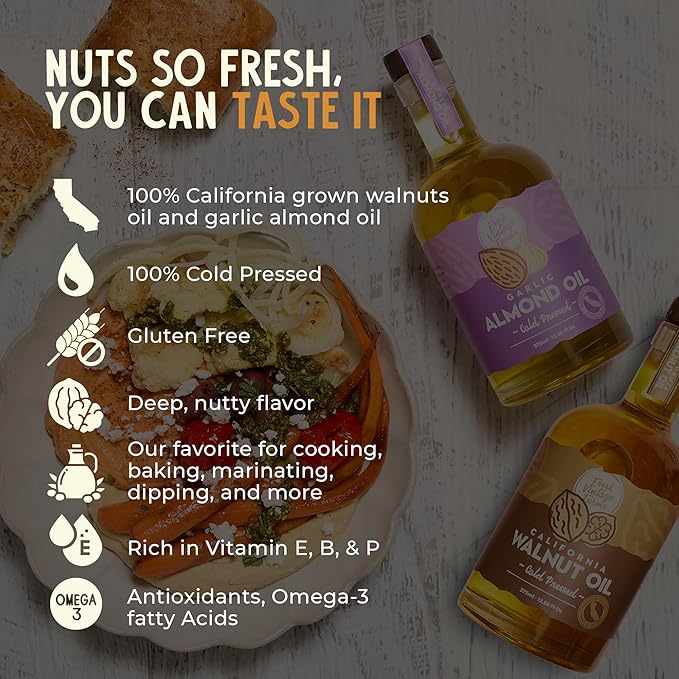 Fresh Vintage Farms Nut Bundle 100% Cold Pressed Walnut & Garlic Almond Cooking Oils | Cold Pressed & Nutritious Healthy Oils for Cooking, Baking, Dipping, Salads, & Marinades | 375ml, Pack of 2