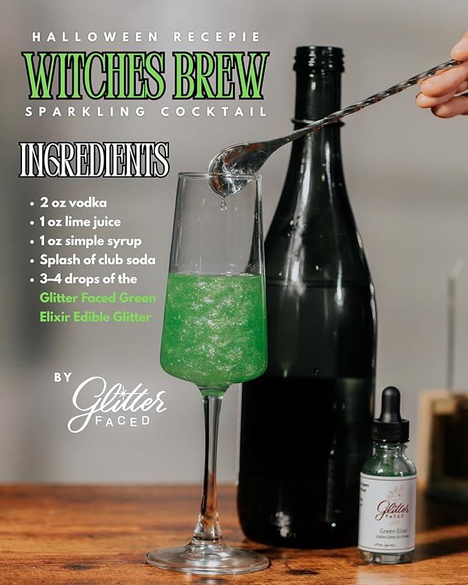 Glitter Faced Green Edible Glitter For Drinks With 0-Calories, No Taste or Texture | 30ml Food-Grade, 30 Drinks, Luster Dust | Ideal for Beverages, Galentine’s, Parties & Events | Made in USA