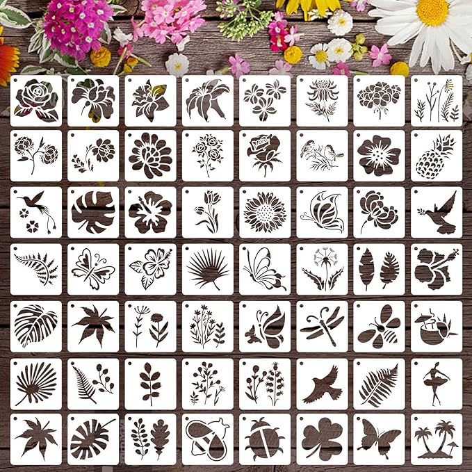 Augshy 56 Pack Flower Stencils for Wood, Butterfly & Bird Stencils for Wall & Floor Decor DIY Rock Dot Painting Art Projects (3inch)