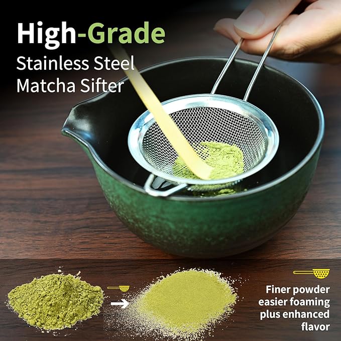 Matcha Whisk Set,Matcha Set Includes Ceramic Bowl with Spout,Stainless Sifter,Scoop,Whisk and Holder,Complete 5 Pcs Japanese Matcha Kit Making Tools,Green