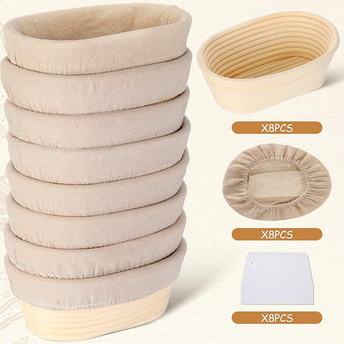 Gejoy Oval Banneton Bread Proofing Basket Set of 8, Sourdough Bread Baking Bowl Kit with Cloth Liners and Dough Scrapers Natural Rattan Banneton Sourdough Bowl Basket for Bakers(8 Inch)