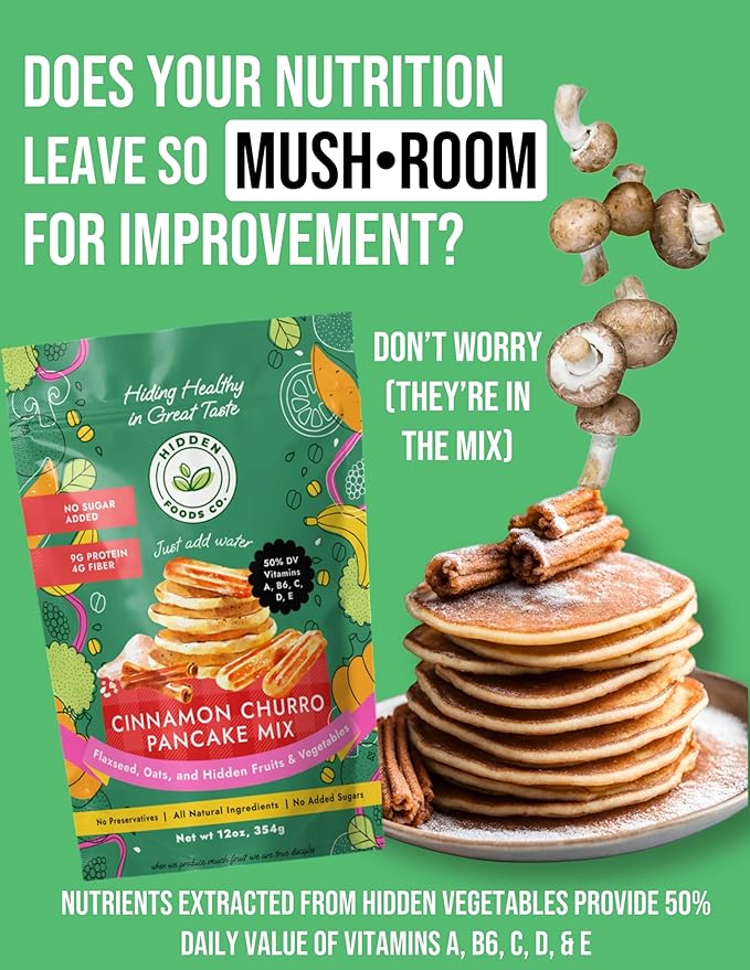 Hidden Foods Cinnamon Pancake Golden Brown Monk Fruit Cinnamon Bun Pancake - Fiber and Protein Churro Pancake Mix with Wheat & Oat Flour Blend of Vegetables - Fully Fiber Waffle Mix Meal 6 Pack