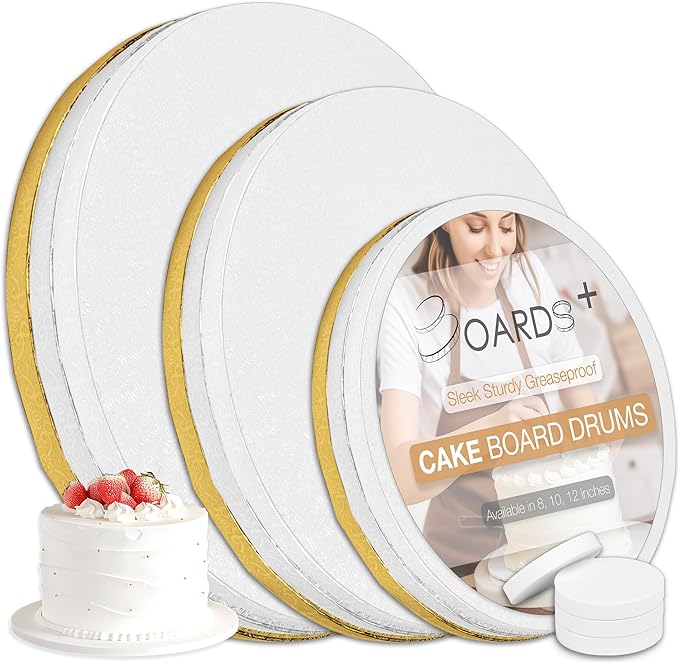 BOARDS+ 9 Pack Cake Drums 8, 10 & 12 Inch in White, Silver & Gold Color | 1/2" Thick CakeBoard Circle Rounds + Free Prop Up Tools | Fully Greaseproof, Sturdy for Heavy/Tiered Cakes