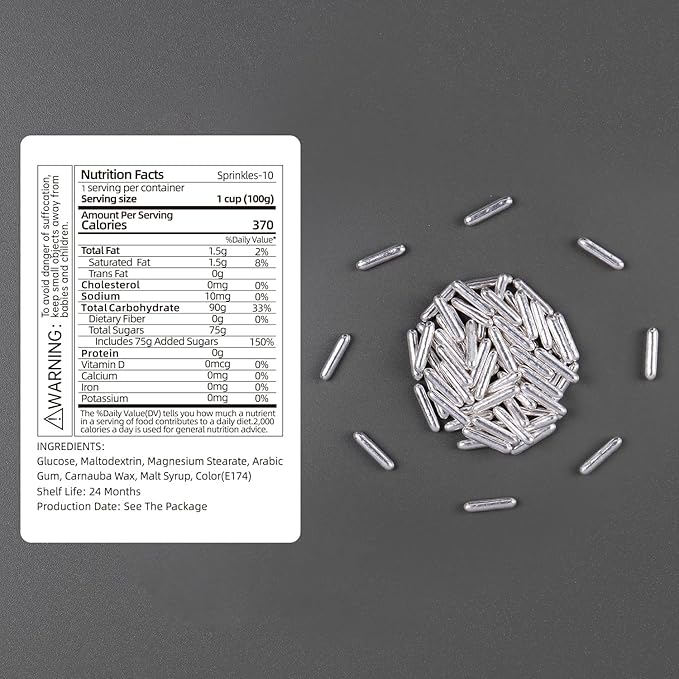 Cobakey Bright Silver Sprinkles for Cake Decorations 100g/ 3.52oz Rods Metallic Pearl Sugar Sprinkles for Cupcake Toppers Wedding Party Valentines Halloween Christmas Supplies