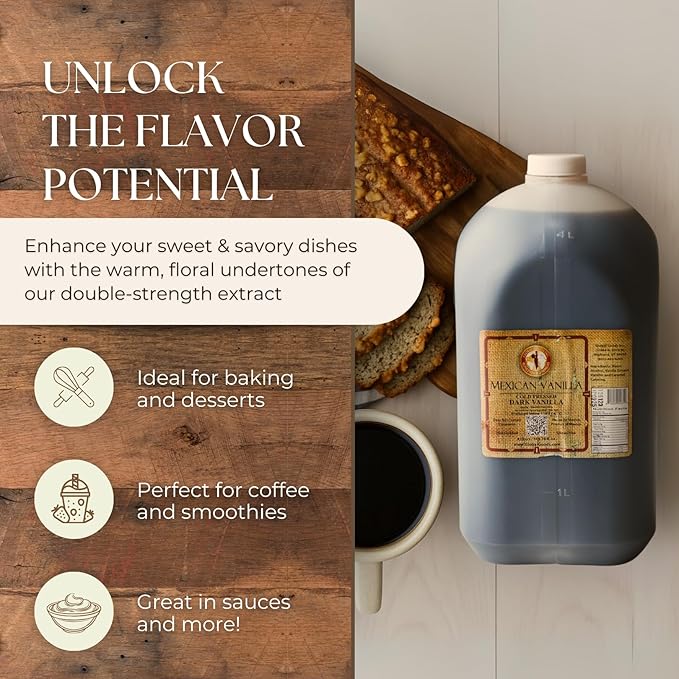 Pure Dark Mexican Vanilla Extract Gluten-Free Vanilla for Baking, Cakes, Cookies, Desserts, Coffee & Beverages (135.25 fl oz) – Natural, No Coumarin, Bold Flavor