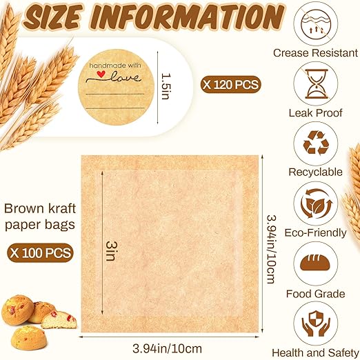 Outus 100 Pcs Cookie Packaging Bags with Seal, 3 x 3 Inch Bakery Pastry Bags with Window, Heat Sealable Grease Resistant Paper to Go Bake Sleeves for Gift Giving Donut Bread Sandwich (Brown)