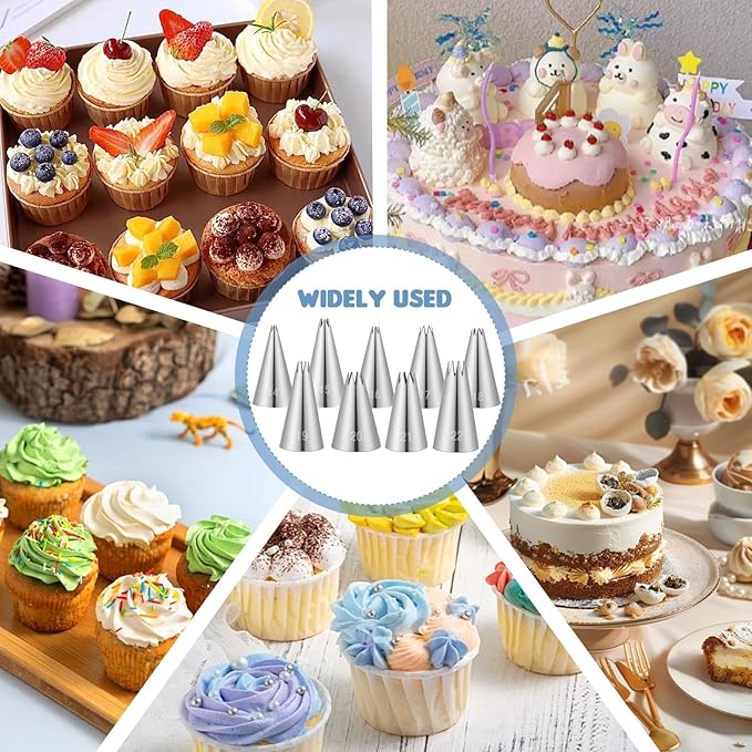 9Pcs Stainless Steel Piping Tips Set, French Star Tube Frosting Nozzle, Open Icing Tips, Cake Decorating tips for Cupcakes, Cookies, Cakes (Small Size)