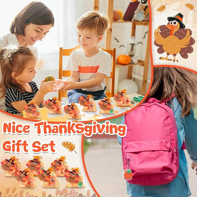 90 Pcs /30 Set Friendsgiving Party Favors for Guests Includes Thanksgiving Turkey Keychain with Organza Bags and Thank You Card for Thanksgiving Fall Party Supplies Guest Friends Gift