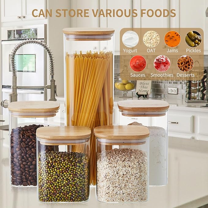 Unbreakable Overnight Oats Containers with Lids, Set of 5 Airtight Glass Jars with Bamboo Lids, Glass Food Storage Canisters for Cookie, Candy, Coffee Bean, Sugar, Spices, Dry Goods, Transparent