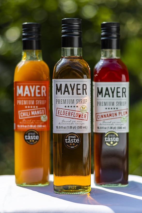 Mayer Premium Hungarian Handcrafted Syrup Variety Pack – Award-Winning Natural Fruit Syrups (Raspberry, Mango, Elderflower, Sour Cherry, Strawberry), No Artificial Additives, 5 × 16.9oz Bottles
