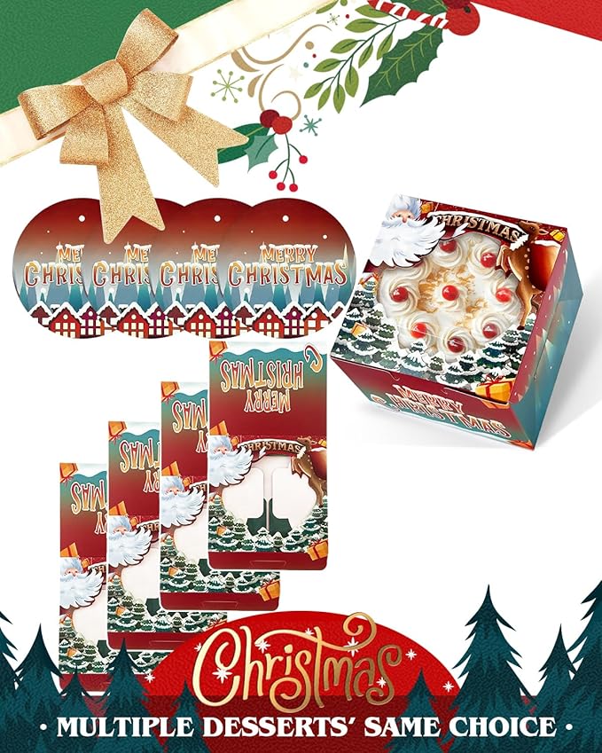 qiqee Christmas 6x6x5 Cake Box, 18 Sets Christmas Cake Box with Window ＆ 18 Sets 6" Christmas Snow House Cake Round Boards, 6inch Cake Containers