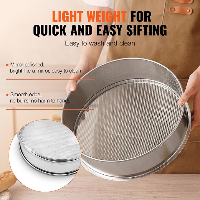 VEVOR Flour Sieve, 10 Mesh Sifter, 304 Stainless Steel Food-grade Fine Mesh Strainer, Dia. 12.6" for Baking, 5 Sizes Mesh Hole for Mungbean, Rice, Pearl Powder