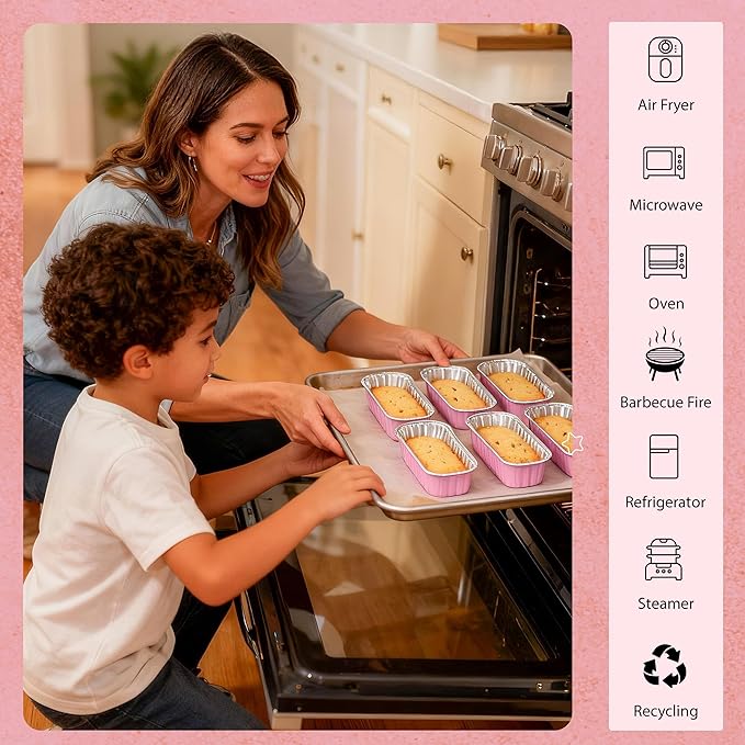 50 PACK Mini Cake Pans with Lids and Spoons,Rectangular Aluminum Foil Bread Pan,Mini Loaf Pans and Food Containers with Lids(Pink,6.8oz)