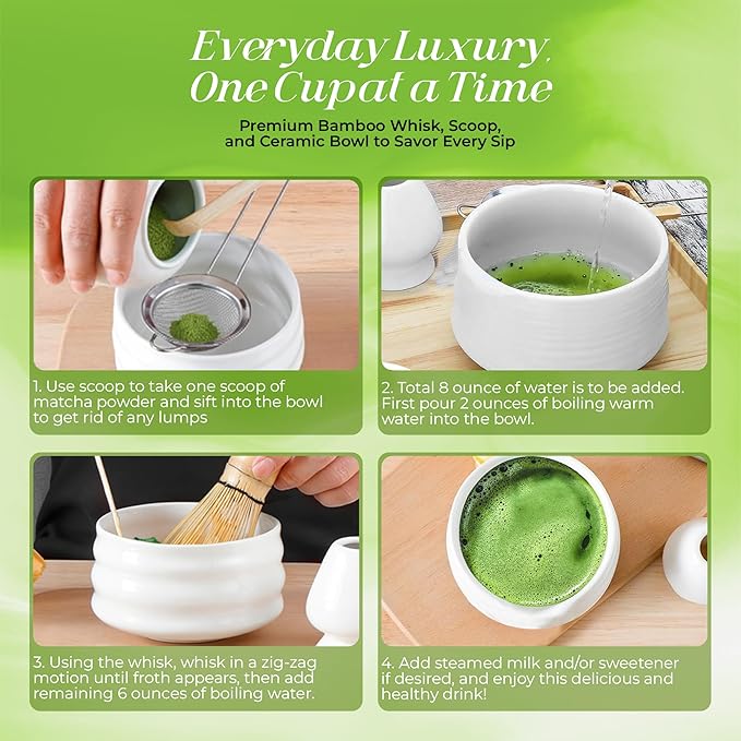 Matcha Whisk Set (5pcs) - Japanese Tea Set includes Matcha Bowl (19 oz) - Bamboo Whisk and Matcha Scoop - Whisk Holder - Stainless Steel Sifter - Tea Making Tools, Matcha Kit