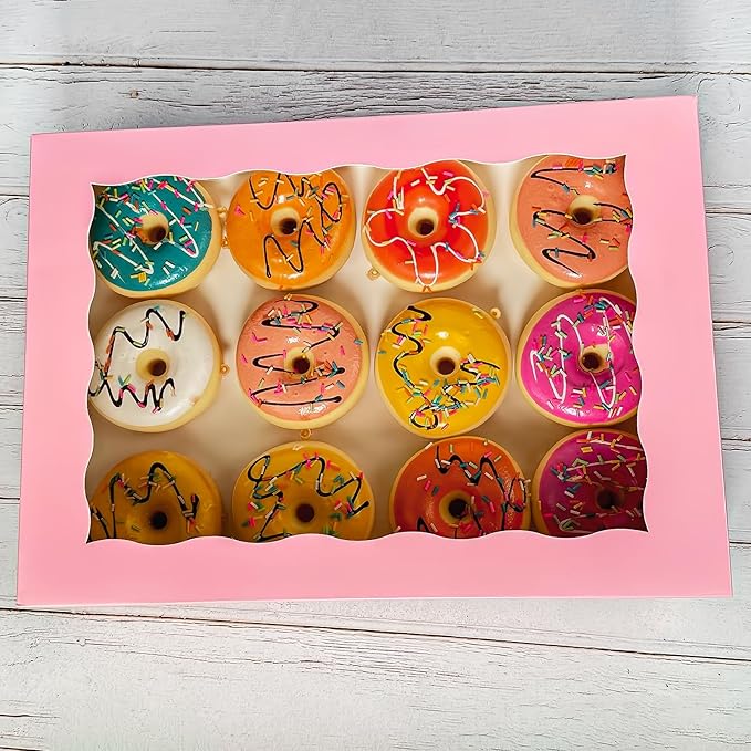 8-PACK Pink Pastry Bakery Box 14x10x3inch,Large Donuts,Muffins,Cookies Boxes with PVC Window - Auto-Pop up Paper Box Nature Cardboard Take Out Container,Pack of 8