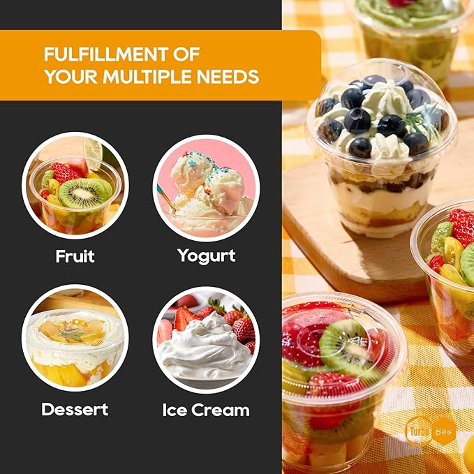 Turbo Bee 200 Pack 9 OZ Clear Plastic Cups with Flat Lids, Disposable Dessert Cups with Lids for Fruit, Snack Smoothie, Pudding and Ice Cream (No Hole)