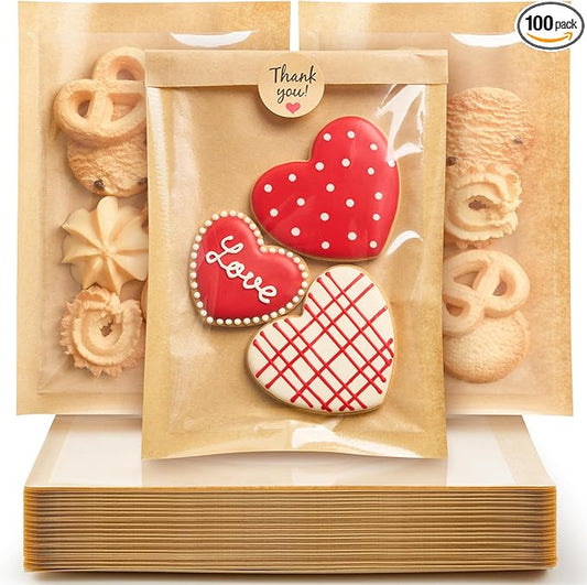 100 Pack Heat-Sealable Cookie Bags with Window, 5.1 x 7.5 Inches Small Clear Front To Go Bakery Bags, Grease Resistant Kraft Paper Treat Sleeves for Packaging Snack Donut Pastry (Brown)