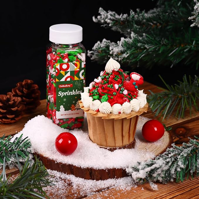 Christmas Sprinkles for Cake Decorating 4.2 oz 2 Snowman + 2 Stocking Icing Decoration Red and Green Pearls Sprinkles for Xmas Party Cupcake Toppers, Cookie, Ice Cream Decorations Celebrations