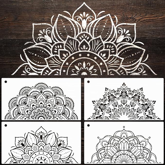 YKW 4 Pack Mandala Stencils for Painting - Reusable Large Mandala Templates - 14.5x7.7 Patterns for Wall, Fabric, Wood, Heterosexual Stone - DIY Home Decor Art Craft Supplies, Translucent and Soft