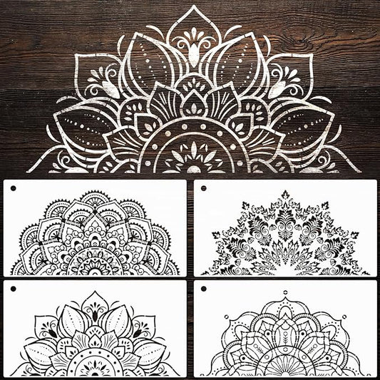 YKW 4 Pack Mandala Stencils for Painting - Reusable Large Mandala Templates - 14.5x7.7 Patterns for Wall, Fabric, Wood, Heterosexual Stone - DIY Home Decor Art Craft Supplies, Translucent and Soft