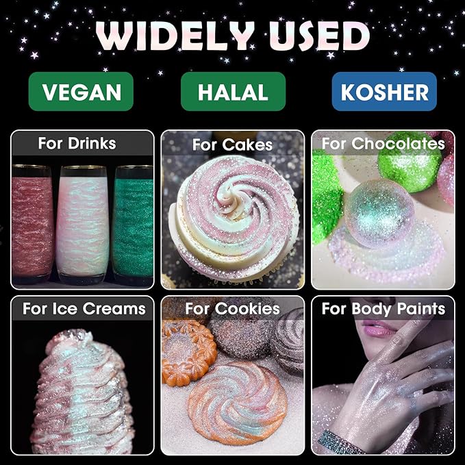 NiHome Edible Food-Grade Glitter Powder Glimmer Luster Dust Metallic Fancy Food Decorating Sprinkle Glimmery Dust for Drink Wine Beverage Cake Bakery Vegan Allergen-Free (Iridescent, 0.35oz/10g)
