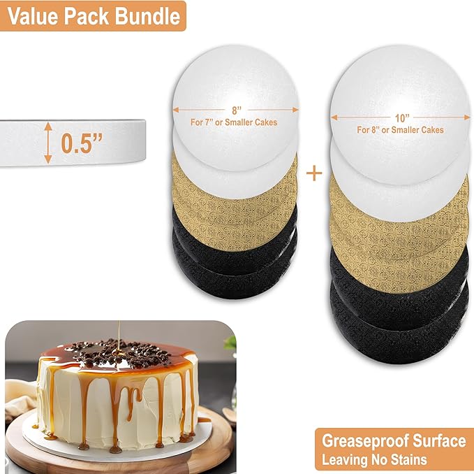 BOARDS+ 12 Pack Cake Drums 8 & 10 Inch in White, Gold & Black Color | 1/2" Thick CakeBoard Circle Rounds + Free Prop Up Tools | Fully Greaseproof, Sturdy for Heavy/Tiered Cakes