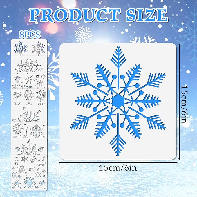 8 Pcs Christmas Snowflake Stencil Template, Reusable Plastic Drawing Painting Stencil Winter Holiday Templates Stencils for Window Glass Wall Door Card Scrapbook Notebook Holiday Xmas Snow Flake