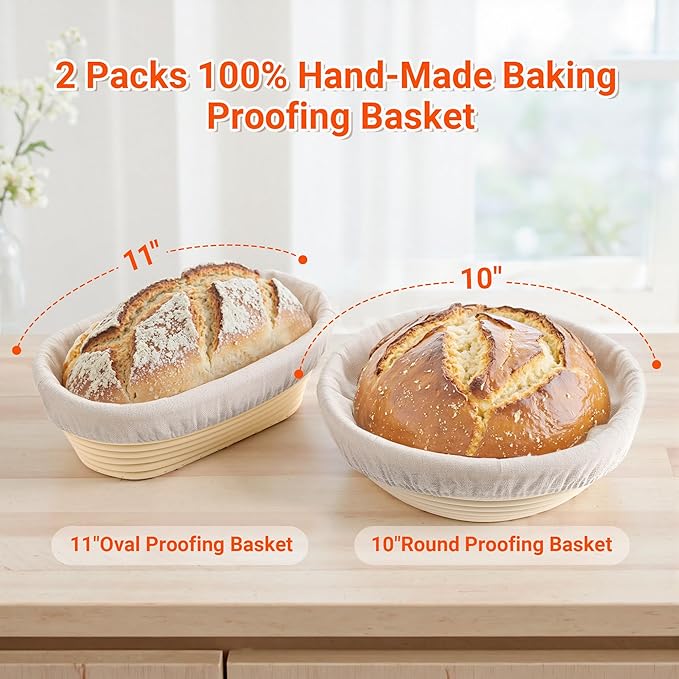 Banneton Bread Baskets,10"Round &11"Oval Proofing Basket with Liners & Covers,Bread Lame,Dough Whish,Brush,Bowl Scraper and Stainless Steel Scraper, for Home & Professional Bakers Baking Tool