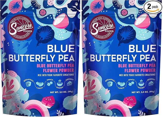 Suncore Foods Blue Butterfly Pea Powder, Blue Food Coloring Powder, Gluten-Free, Non-GMO, 3.5oz (2 Pack)