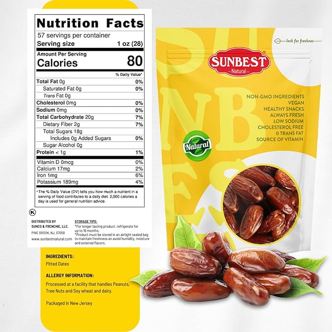 Sunbest Natural Deglet Noor Dates – 5 lb Bulk Bag (80 oz) – Sun-Dried, Pitted, Naturally Sweet & Chewy – Non-GMO, Vegan, Kosher, No Sugar Added, Healthy Date Snacks – Ideal for Snacking & Recipes