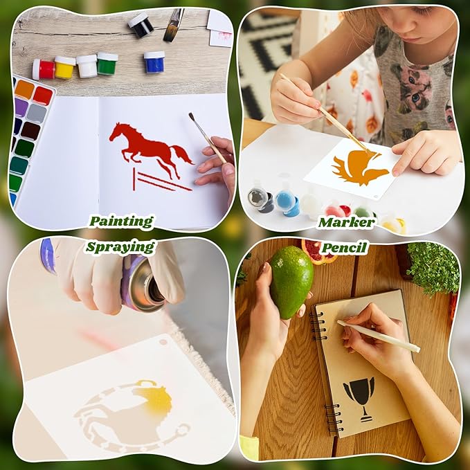 Marspark 66 Pcs Small Stencils for Crafts Reusable 3 Inch Stencils for Painting on Wood DIY Craft Paint Template for Wall Home Decor Card Rock Canvas Drawing Holiday Ornament (Horse)