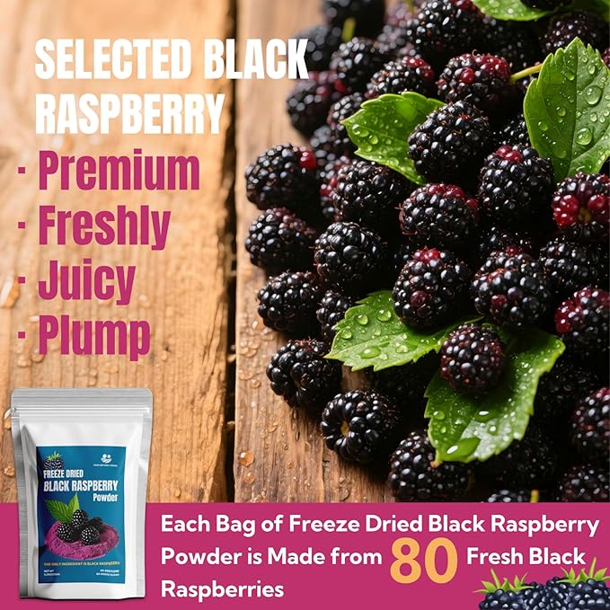 Premium Freeze Dried Black Raspberry Powder 5.29oz (150g),No Added Sugar | No Additives,80 Fresh Black Raspberries Concentrated,No Clumps,for Baking,Smoothies,Yogurt,Desserts | Raspberry Extract Superfood