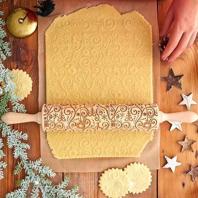 17" Premium Wooden Rolling Pins for Baking with Reindeer Embossed Designs | 3mm Deep Springerle Cookie Molds | Christmas Rolling Pin & Baking Gifts for Women | Includes 3-in-1 Cleaning Brush