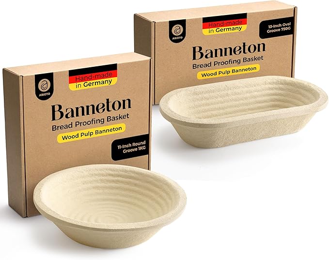 Wood Pulp Banneton Bread Proofing Basket Set – Round 2.2 LB & Oval 1.5 LB Grooved Brotform Baskets – Non-Stick Natural Wood Pulp, Made in Germany Proofing Baskets for Sourdough Bread
