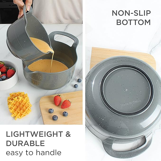 COOK WITH COLOR Nesting Plastic Mixing Bowl Set with Pour Spouts and Handles, Speckled Charcoal, 4 Piece