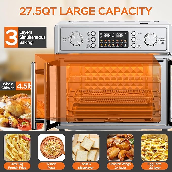 27.5QT French Door Air Fryer Toaster Oven Combo, Countertop Oven with 14 Presets & Digital Control, Stainless Steel Large Toaster Oven for Baking, Roasting, Includes Accessories,Silver