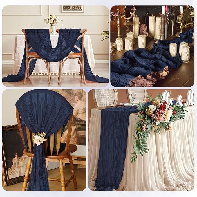 6 Pack Navy Blue Cheesecloth Table Runner 17x108 Inch Semi Sheer Boho Gauze Cheese Cloth Fabric Table Runners, for Wedding Party Baby Shower Birthday Home Decor Garden Farmhouse