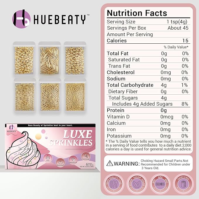 HUEBEATY 6-in-1 Metallic Gold Dragees Sprinkles for Cake Decorating, Cupcakes & Cookies | 180g/6.36oz | Birthdays, Weddings, Holiday, Christmas Fancy Gold Cake Candy Pearls Sprinkles and Decorations