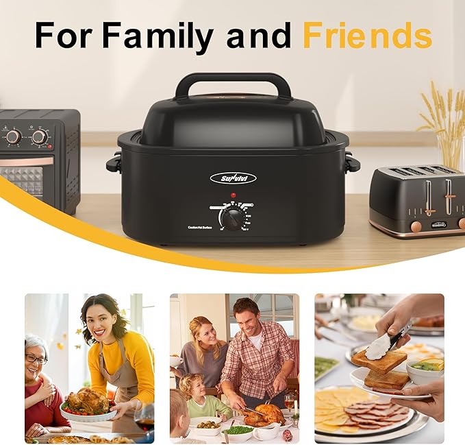 Sunvivi 26 Quart Electric Roaster Oven Turkey Roaster with Lid Electric Roasters with Removable Pan Large Roaster,Visible & Self-basting Lid, Fast Heating & Thaw/warming Setting,Black