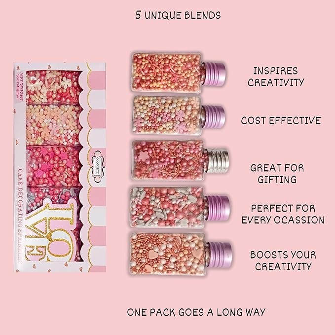 Confect Pretty in Pink, Gold & White Flower & Pearl Sprinkles Mix – Heart & Star Edible Sprinkles for Cakes, Cupcakes, Cookies – Valentine’s Day Baking Decorations – Pack of 5 - Vegan, Gluten-Free, Nut-Free, Soy-Free, Dairy-Free, Palm Oil-Free- 5 Oz