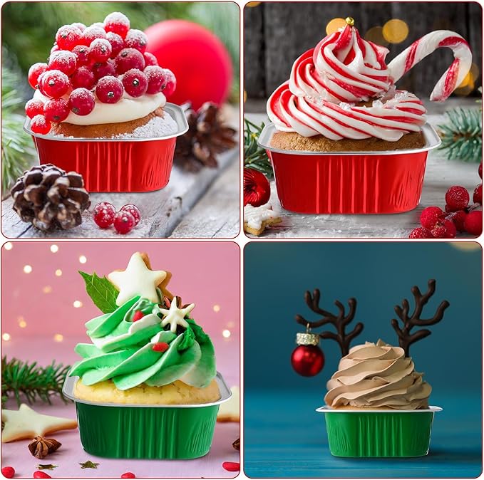 Aoriher 150 Pieces 10 oz Mini Cake Pans with Lids Aluminum Foil Baking Cups Square Disposable 4" x 4" Large Cupcake Cups Baking Tins for Kitchen Brownie Pudding Desserts Holders(Red,Christmas Green)