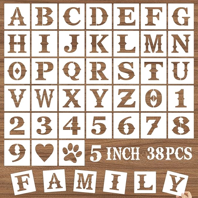 5 Inch Letter Stencils and Numbers, 38 Pcs Alphabet DIY Craft Stencils, Reusable Plastic Drawing Templates for Painting on Wood, Wall, Fabric, Rock, Floor, Signage, Door Porch