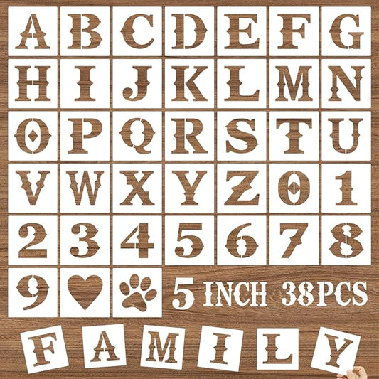5 Inch Letter Stencils and Numbers, 38 Pcs Alphabet DIY Craft Stencils, Reusable Plastic Drawing Templates for Painting on Wood, Wall, Fabric, Rock, Floor, Signage, Door Porch