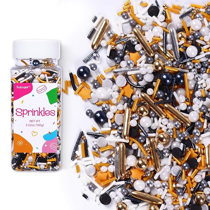 Black Sprinkles for Cake Decorating, 3.52oz Graduation Candy Sprinkles, Metallic Gold and Silver Sugar Candy for Cupcakes Baking Ice Cream Cookies, Wedding Birthday Party Decorations