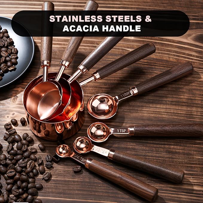 SHIKORI Gold Measuring Cups and Spoons Set with Wood Handles, Premium Stainless Steel Measuring Spoons and Measuring Cups Set-Rose Gold