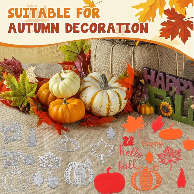 Otoolling 12 Pcs Thanksgiving Fall Metal Die Cuts for Card Making Hello Fall Maple Leaf Pumpkin Hazelnut Squirrel Corn Embossing Stencils for Autumn DIY Scrapbooking Craft Decorations