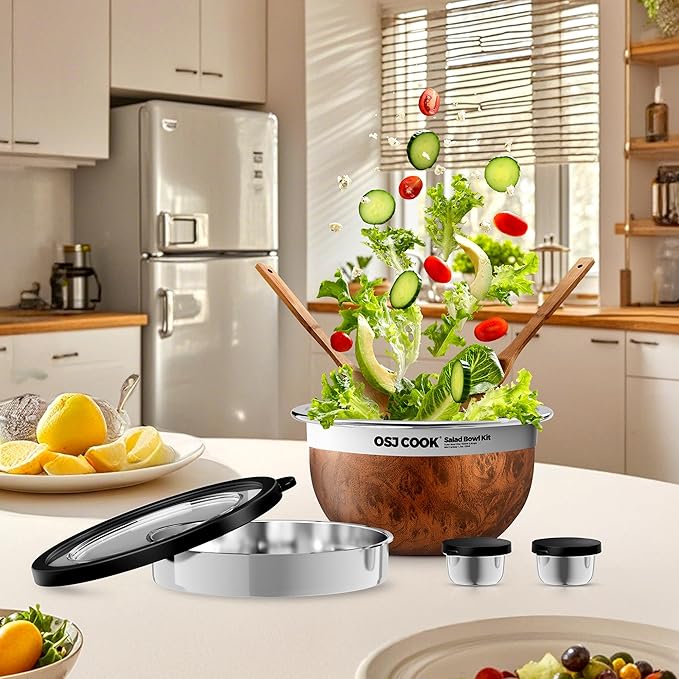 18/8 Stainless Steel Salad Bowl Kit - 74oz, Mixing Bowls with Lids Set, Teakwood - Comes with 1.7oz Condiment Container and Removable Tray for Organization - Leak-Proof, Dishwasher Safe (Wood)