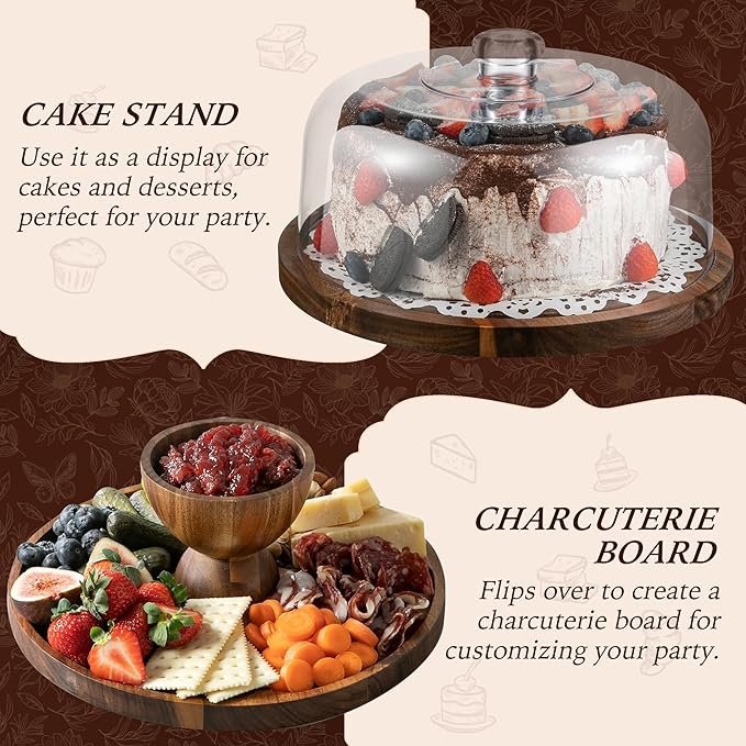 Acacia Wood Cake Stand with Lid,12in Round Acrylic Cake Stand with Dome,2-In-1 Reversible Charcuterie Board with Lid,Large Wooden Baked Goods Display Holder,Perpare For Dessert,Cheese,Chips,Cookie